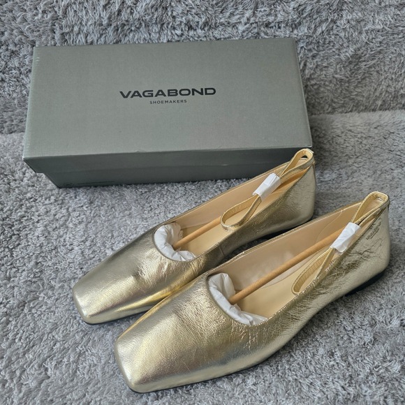 NEW Vagabond Delia Gold Leather Square‎ Toe Ballet Flats Ankle Strap EU 39 US 9 - Picture 2 of 6